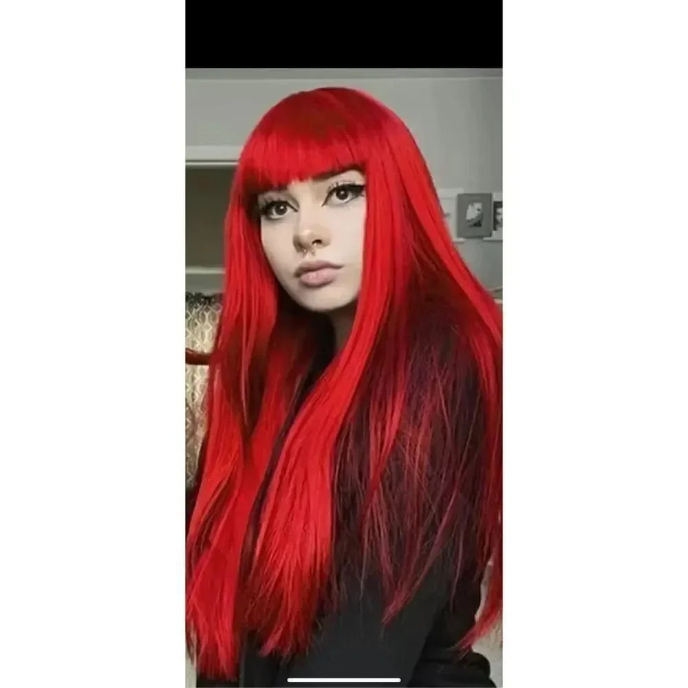 Beautiful red wig with bangs 22 inch synthetic heat resistant